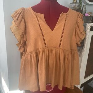 Anthropologie Cotton/Linen Blend Babydoll Ruffle Sleeve Blouse